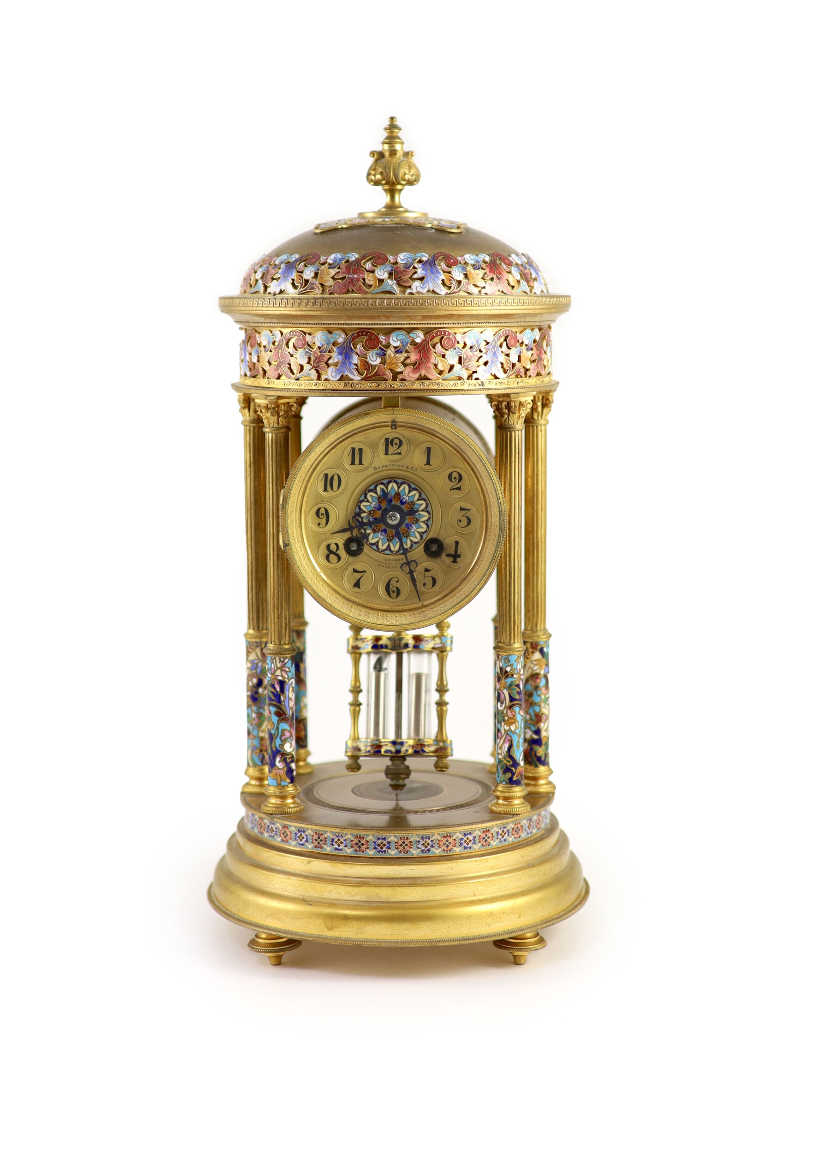 A late 19th century French ormolu and champleve enamel portico clock, height 39cm